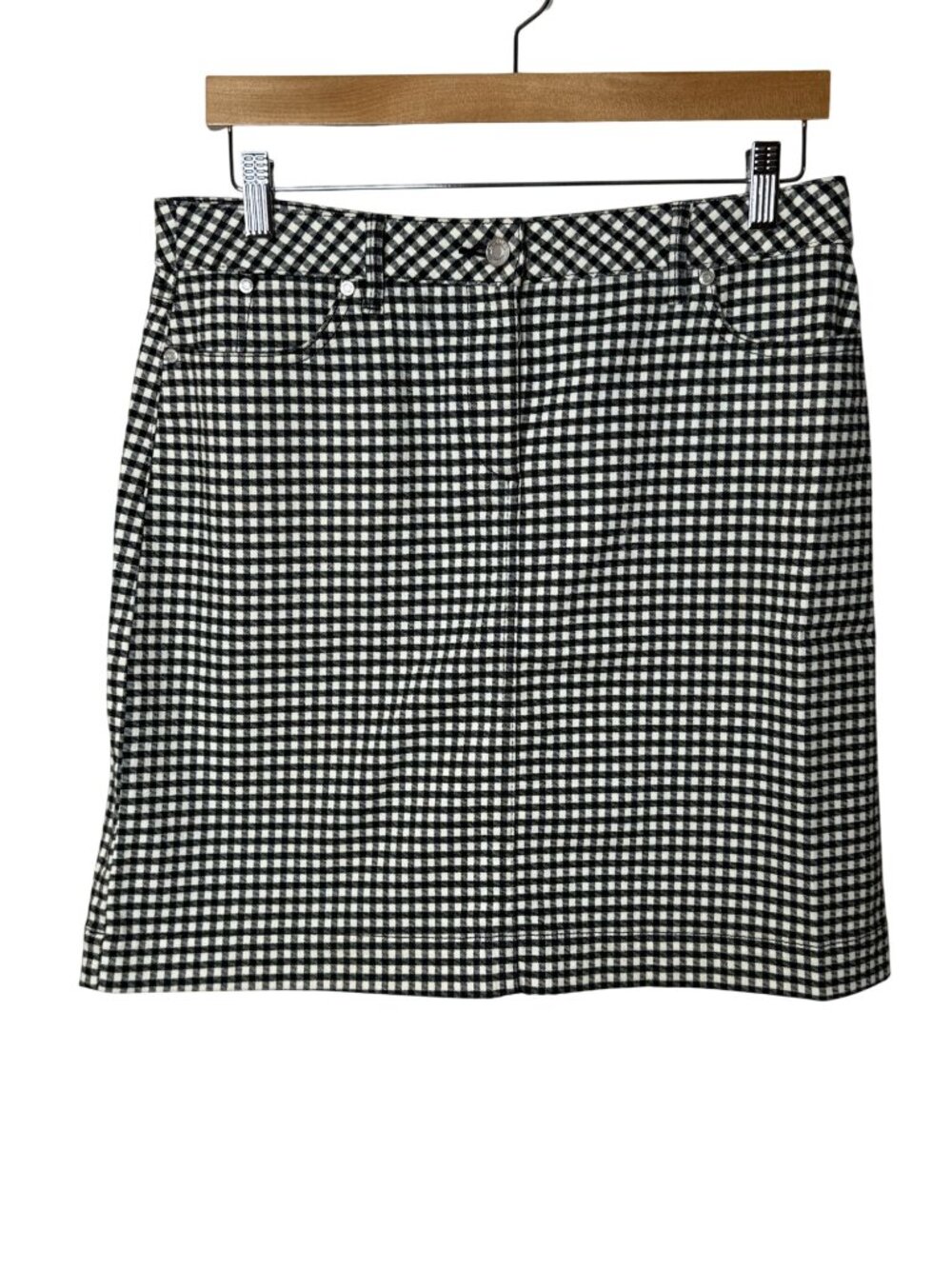 Talbots Petites Skirt 10P Black White Gingham Check Stretch A Line